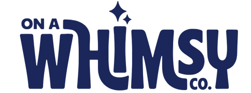 A stylized navy blue logo reading 'ON A WHIMSY CO.' on a plain white background.